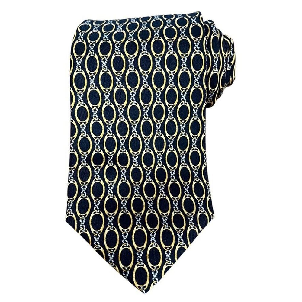 Brooks Brothers Makers Mens All Silk Chain Print Black Gold Neck Tie Necktie 3.5